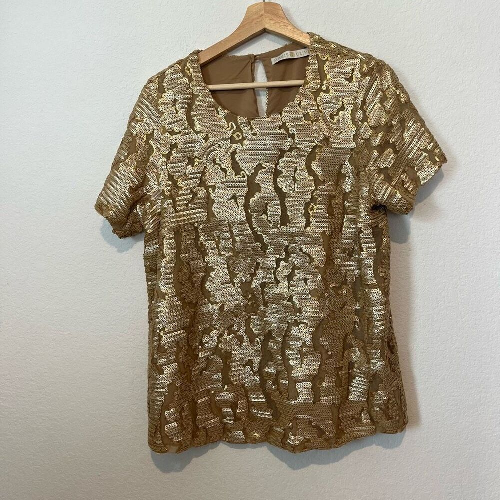 Marie Oliver Gold Sequined Ginny Short Sleeve Blouse Women's Size Large